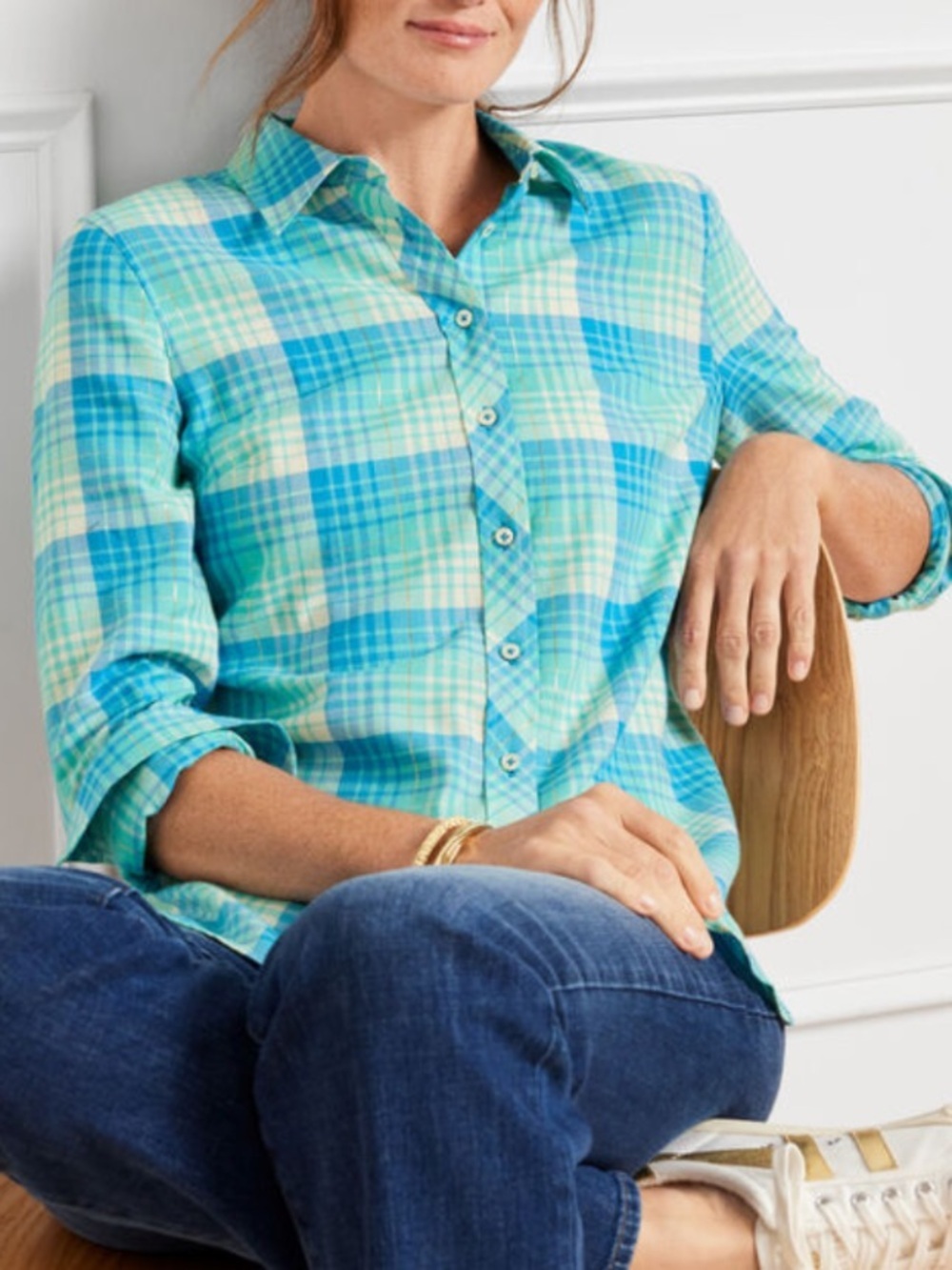 Talbots Turquoise & Aqua Plaid Button-Down Shirt
